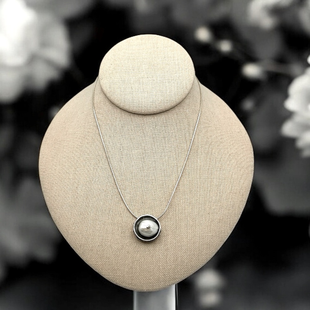 HTF Vintage Silpada Button Coin Pearl 925 Sterling Silver Necklace 17"